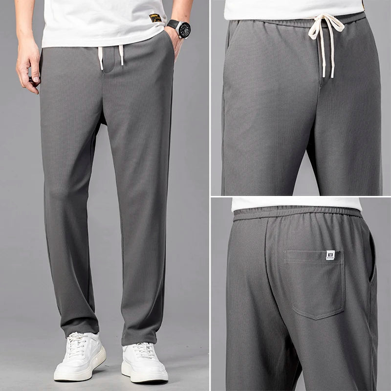 Straight Classic Waffle Elastic Waist Thin Casual Trousers