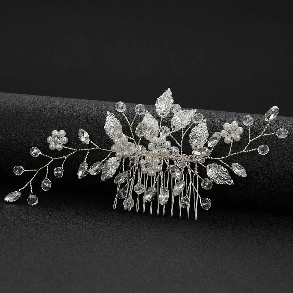 Crystal Pearl Hair Comb Clip Pin Alloy Leaf Hair Comb