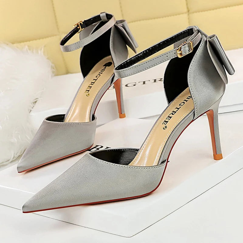 Bow-knot Kitten Heels Pumps Satin Stiletto Party Shoes