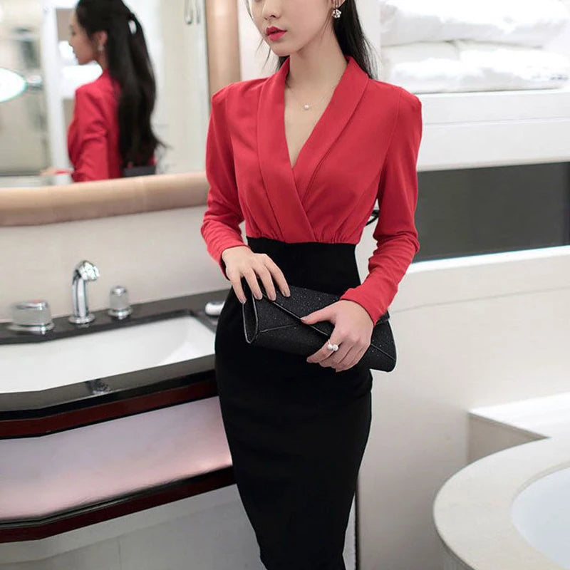 Office Lady Elegant Fashion Patchwork Bodycon Dress