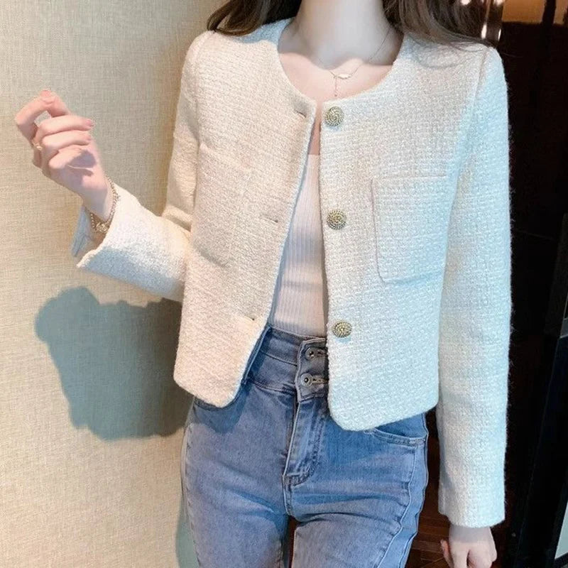 Fashion Tweed Cropped Jackets  Round Neck Chic Coat