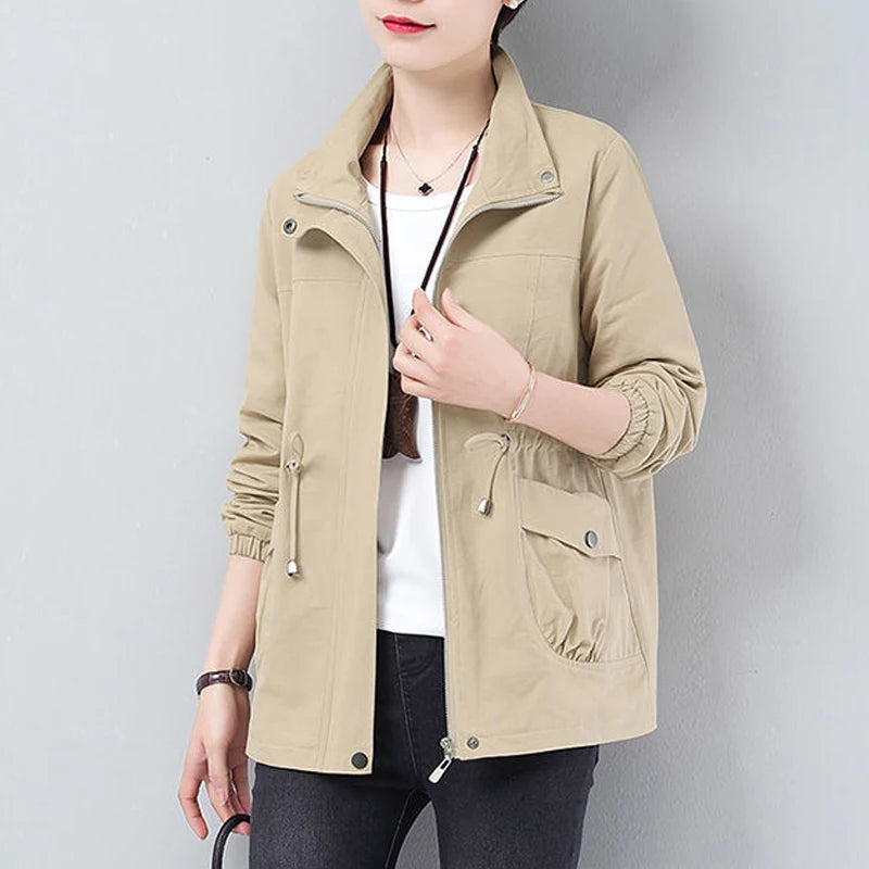 Double Layer Plus Size Lining Windbreaker Drawstring Waist Stand Collar Jacket