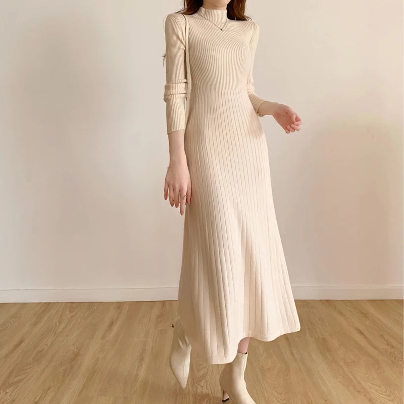 Long Sleeve Party Midi Knitted Half High Collar Knitted Sweater Dresses