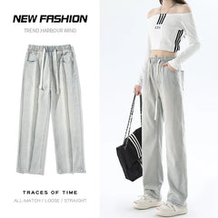 Classic Elastic Waist Drawstring Loose Drape Fashion Same style Jeans Denim