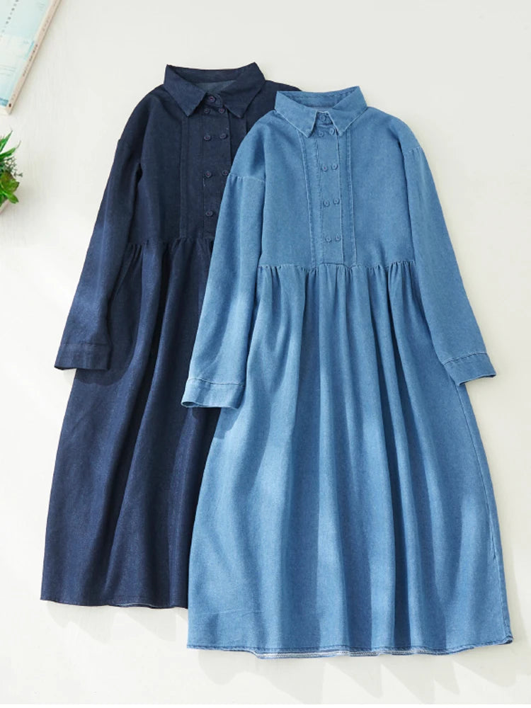 Style Solid Fashion Turn-down Collar Denim Autumn Dress