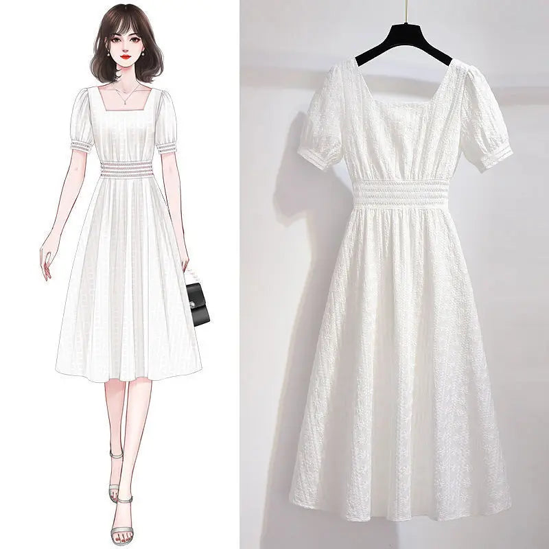 Fashion Style Black Square Collar Dress Lace Short Sleeve