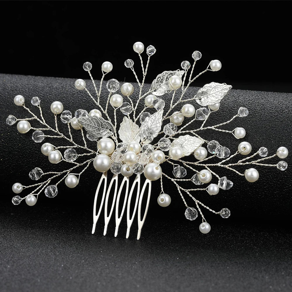 Crystal Pearl Hair Comb Clip Pin Alloy Leaf Hair Comb