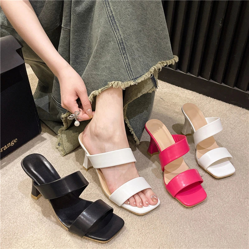 Thin Heels 8cm Slides Square Toe Straps Sandals