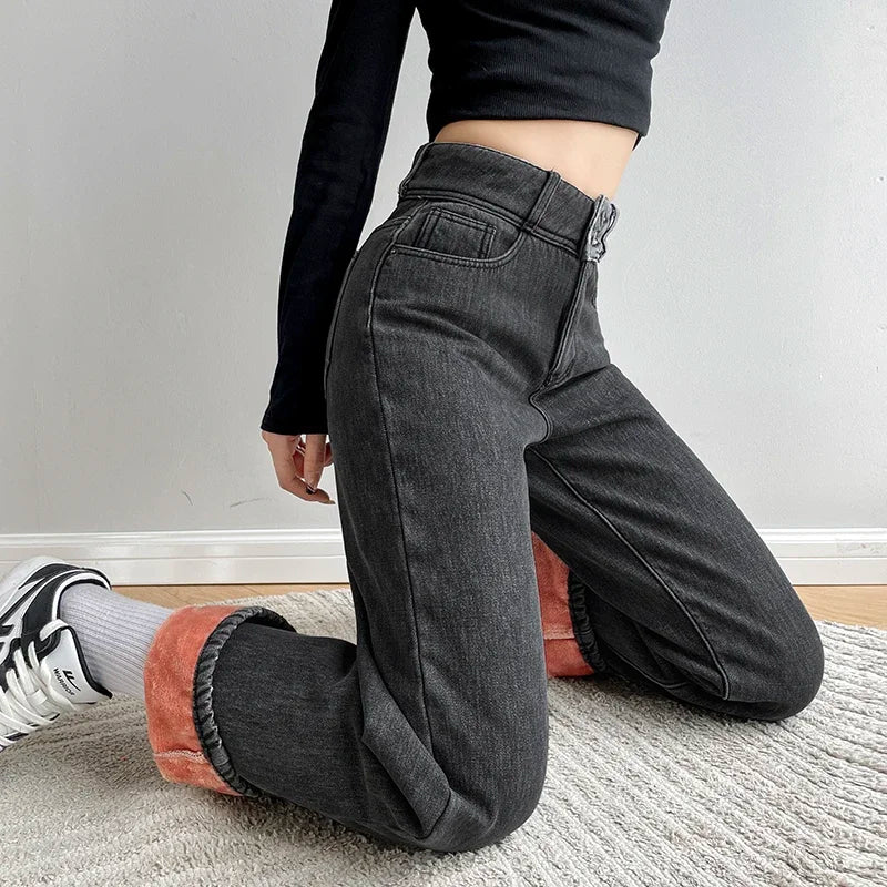 Thick Velvet Jeans Fleece Full Length Fashion High Waist Wide Leg Pants