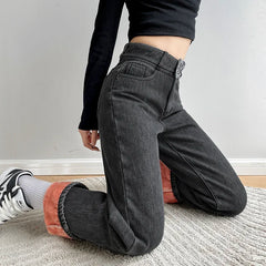 Thick Velvet Jeans Fleece Full Length Fashion High Waist Wide Leg Pants