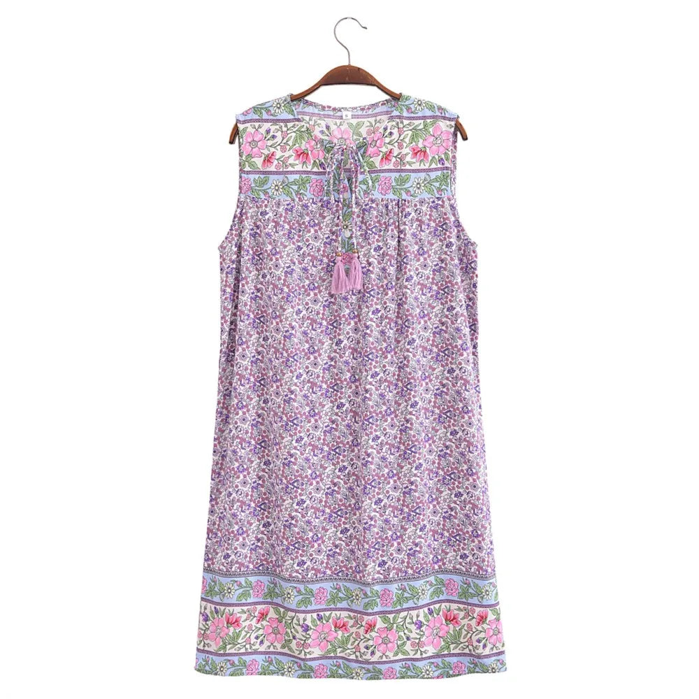 BOHO Purple Flower Print Sleeveless Mini Dress Hippie