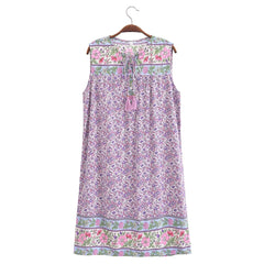 BOHO Purple Flower Print Sleeveless Mini Dress Hippie