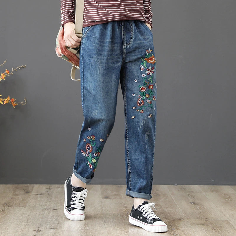 Women's Denim Pants Vintage Flower Embroidery Casual Loose Jeans
