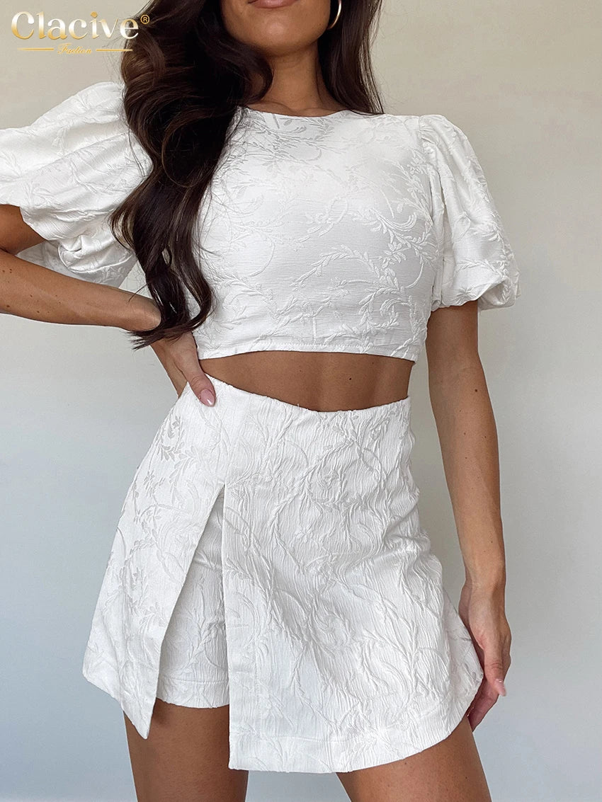Fashion Loose White 2 Piece Sets Woman Outfit Short Sleeve Crop Top