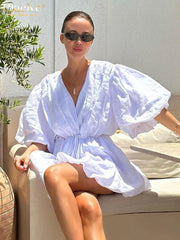 Summer Loose White Cotton Casual V-Neck Short Sleeve Mini Dresses