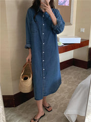 Casual Denim Long Sleeve Cardigan Shirt Long Dresses