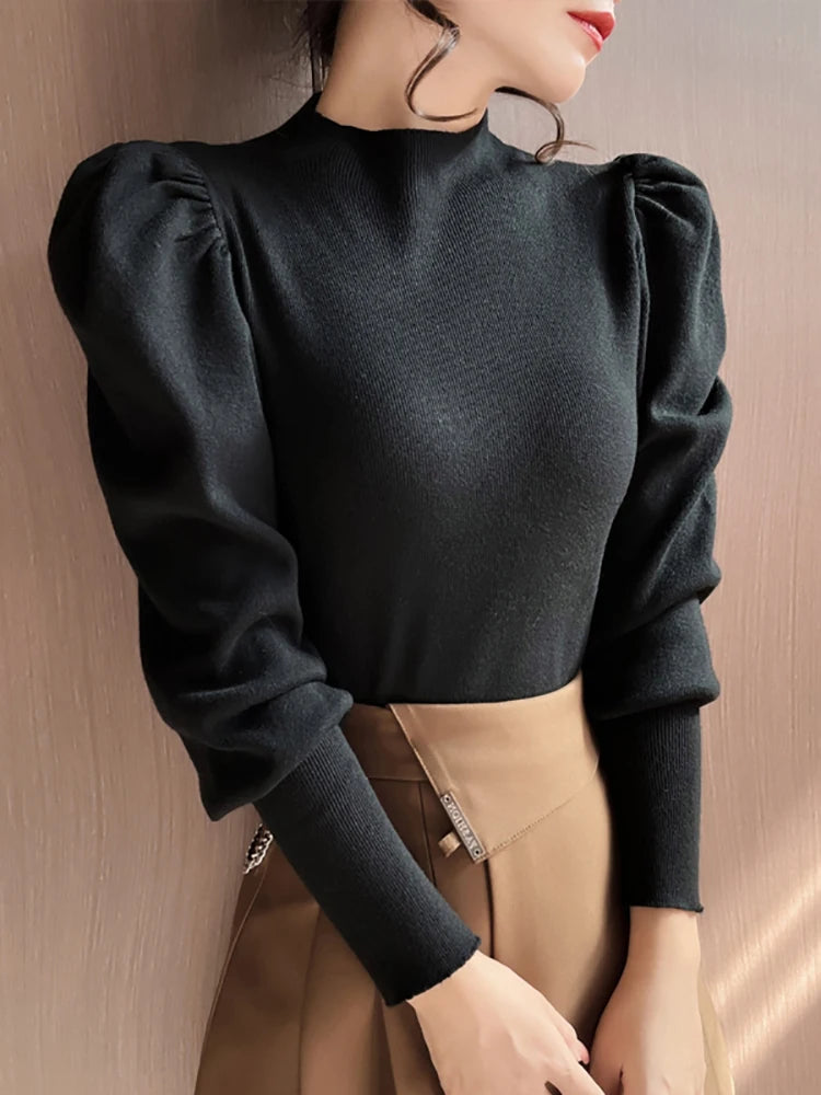 Sweater Turtleneck Slim Fit Basic Pullovers Fashion Knit Puff Sleeve