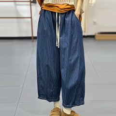 Striped Causal Loose Drawstring High Waist Wide Leg Denim Pants