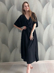 Solid Blue Plus Size Long Kaftan Casual V-neck Robe Maxi Dress