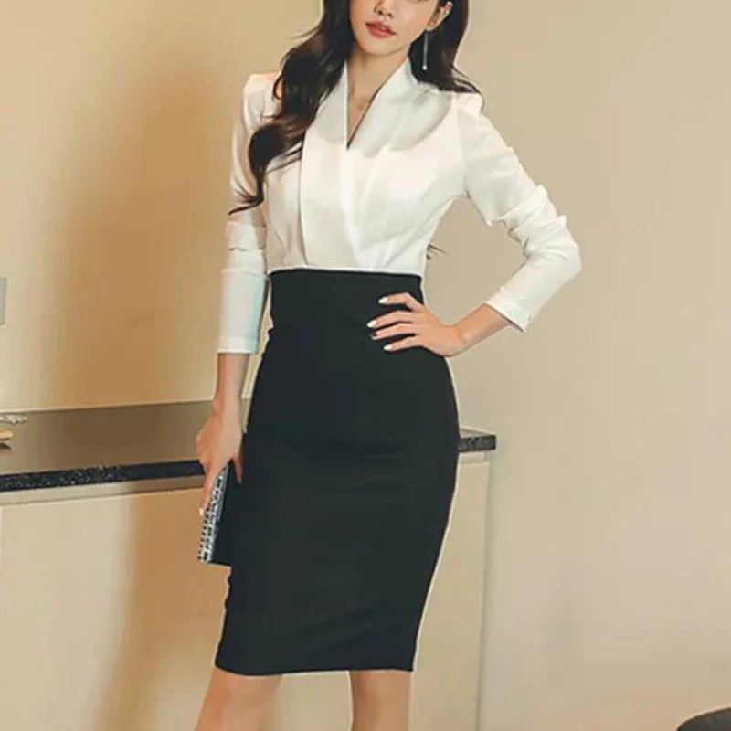 Office Lady Elegant Fashion Patchwork Bodycon Dress