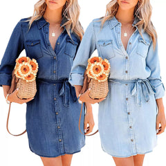 Long Sleeve Denim Long Pocket Button Shirt Print Dress