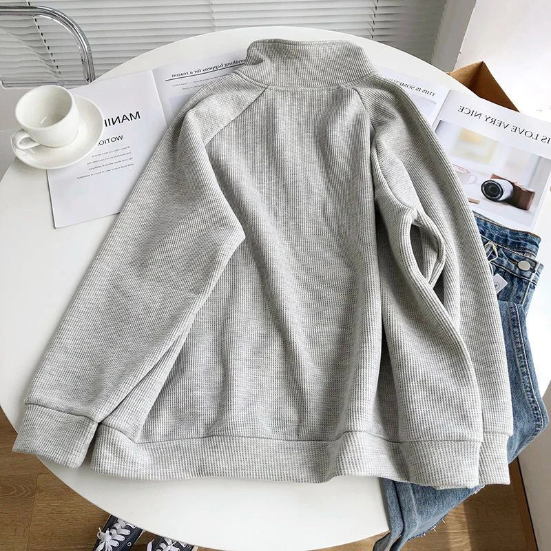 Thicken Zipper Stand Collar Hoodie Women Casual Long Sleeve Pullover Top