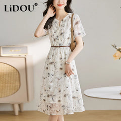 V-neck Elegant Fashion Floral Printed Midi Dress