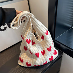 Fashion Heart Shape Pattern Knit Tote Bag Retro