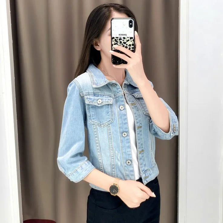 Women Denim Jackets Three-Quarter Sleeve O-Neck Single-Breasted Outerwear