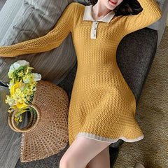 Contrast Color Fashion Midi High Street Casual Slim Knitting Dress