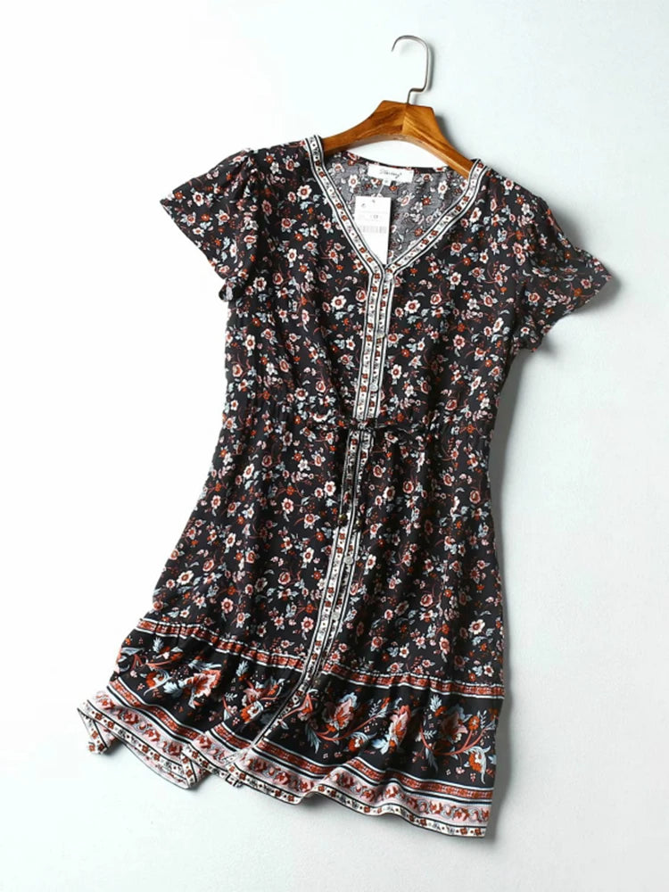 Vintage Chic Floral Print Deep V-neck Vacation Bohemian Mini Dress