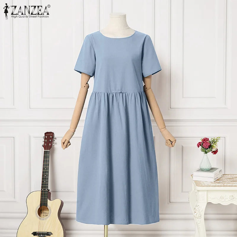 Women Vintage Cotton Dress Summer Solid Midi Robe Casual Short Sleeve