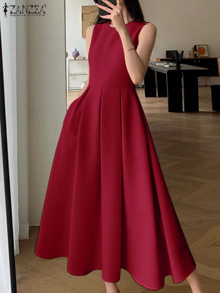 Women Sleeveless Pleated Dress A-line Tank Evening Dress