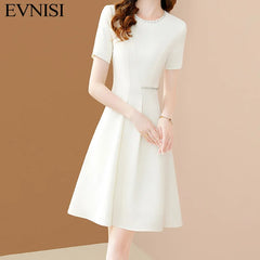 Women Chic Beading Chiffon O-neck Elegant White Office  A-LINE Dresses