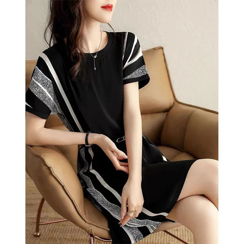 Elegant Fashion Printed Knee Length Robe Short Sleeve Chiffon Dress