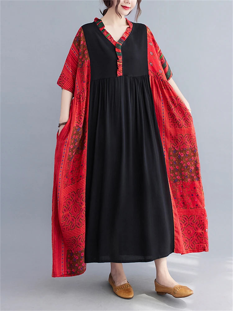 Oversize Cotton Patchwork Vintage Dresses Casual Clothing