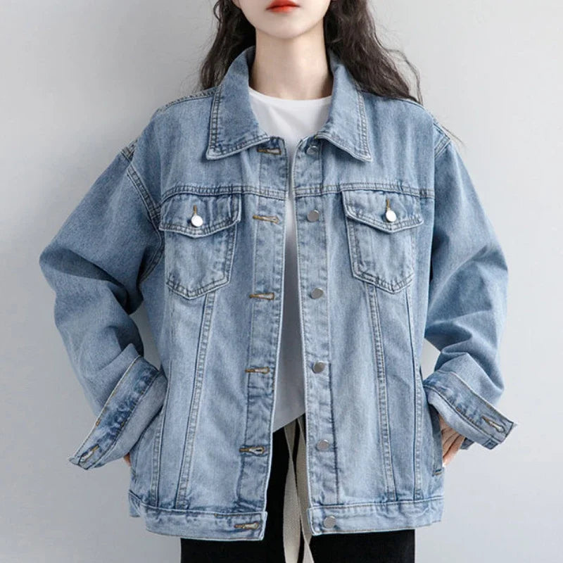 Vintage Women Jacket Oversize Denim Washed Blue Jeans Coat