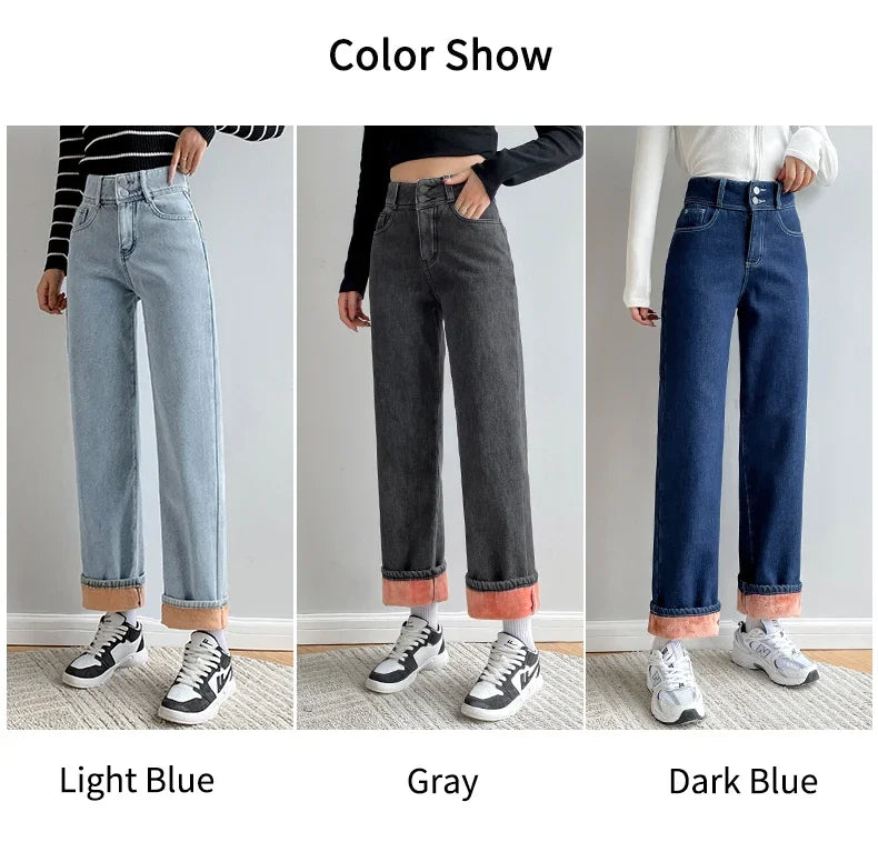 Thick Velvet Jeans Fleece Full Length Fashion High Waist Wide Leg Pants