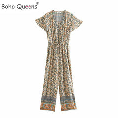 Floral Print Elastic Waist Short Sleeve V-neck Bohemian Playsuits Jumpsuit