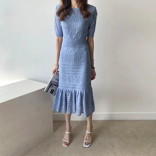 Casual Chic Slim Out Dresses O Neck Short Sleeve Wrap Hip Knitted Dress