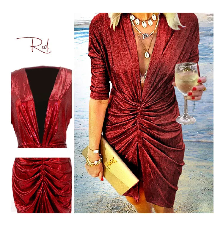 Elegant Bright Long Sleeve Ruched Mini DressDeep V Slit Evening Dress