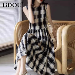 Fashion Vintage Plaid Printing Sleeveless Dress Casual Style