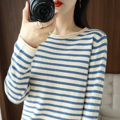 Sweater Curled O-neck Strip Pullover Casual Knit Clothing Fashion