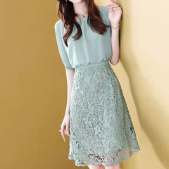 Fashion Lace Chiffon Patchwork Dresses Office Lady Short Sleeve Simple