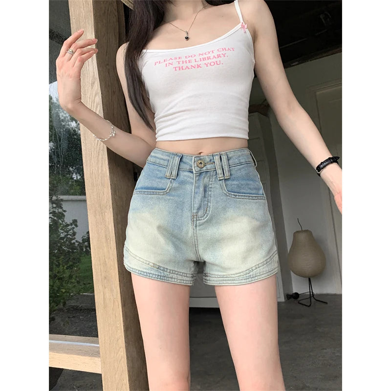 Retro Washed Blue Women's Jeans Fashion High Waist Denim Shorts