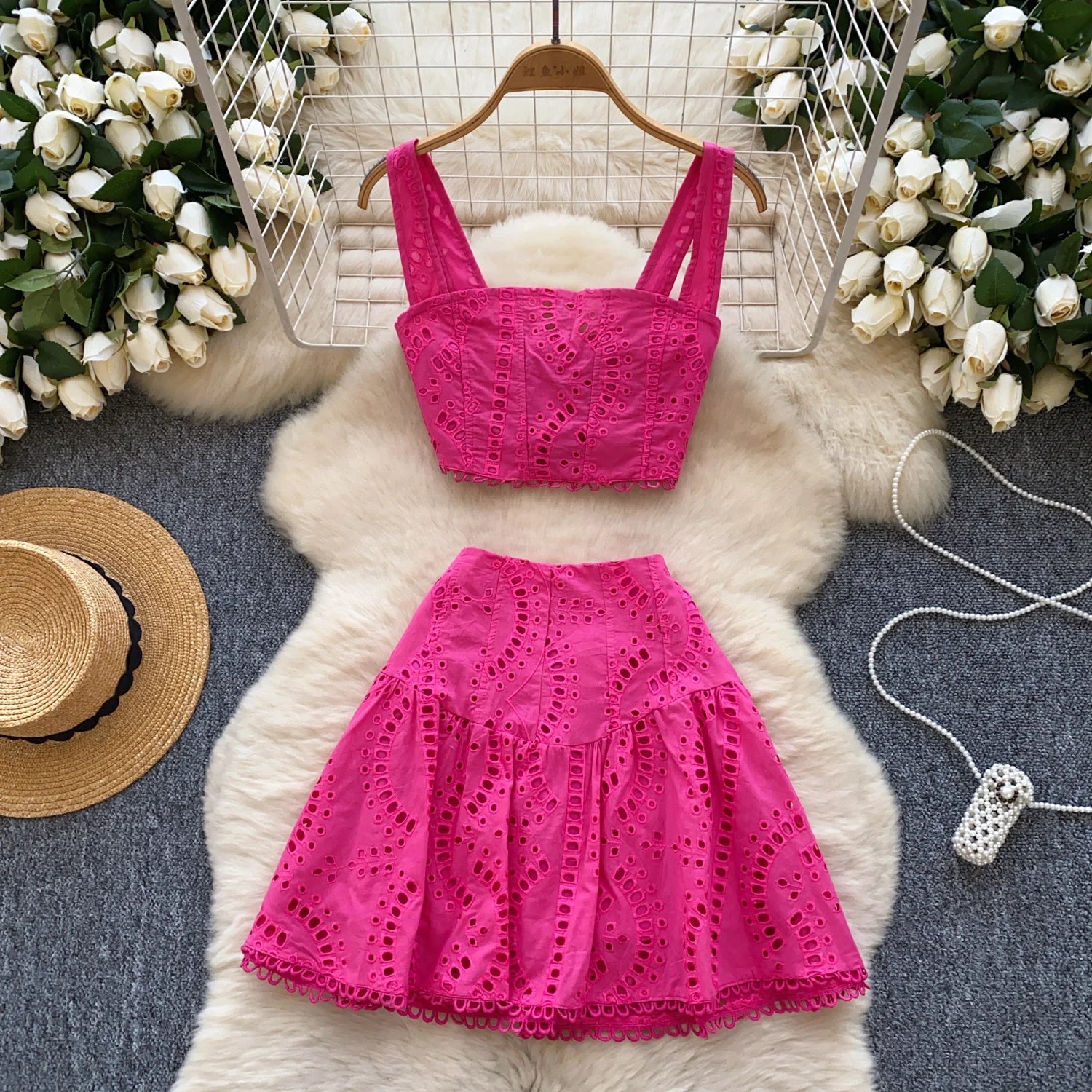 Two Piece Sets Summer Crop Tops Short Skirts Suits Embroidery