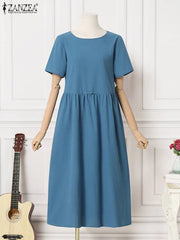 Women Vintage Cotton Dress Summer Solid Midi Robe Casual Short Sleeve