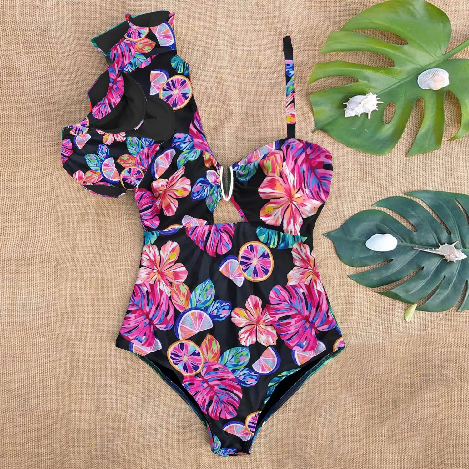 Ruffle Swimwear Single Shoulder One Piece Swimsuit Floral Printed