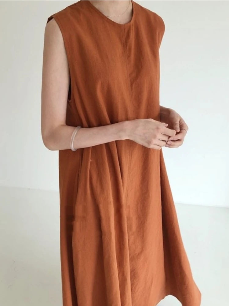 Cotton Linen Sleeveless Women's Long Dresses Solid O-Neck Style