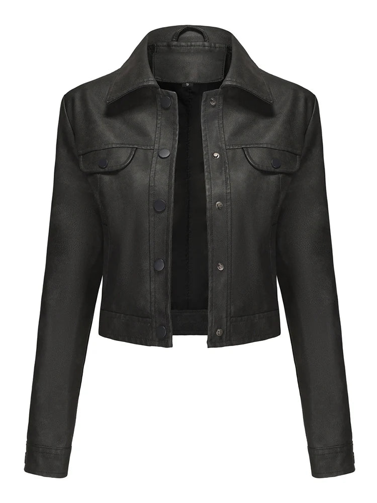 Women's Leather Jackets With Pockets Casual Thin Outerwear